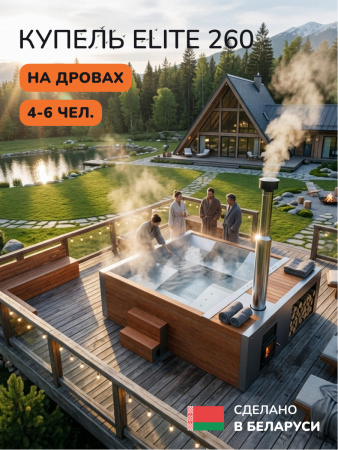 Купель с подогревом на дровах Scandinaf Elite 260, 4-6 чел., AISI 316L, красное дерево, аэромассаж, подсветка